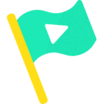 A stylized illustration of a teal flag with a white play icon, attached to a yellow flagpole.