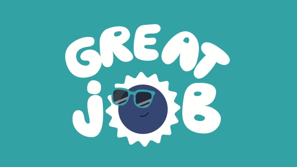 Text "great job" in white on a teal background, with the letter "o" stylized as a smiling sun wearing sunglasses, created using Biteable video maker.