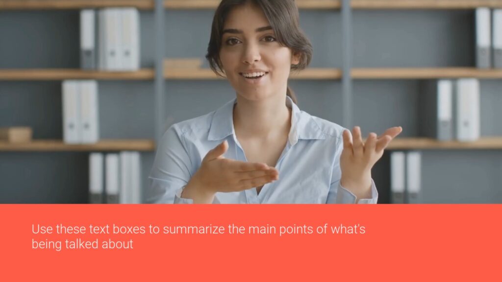 Professional woman in a white shirt presenting with hand gestures in front of a bookshelf, using Biteable video maker.